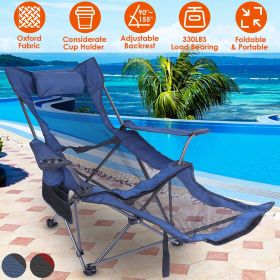 Foldable Camping Chair 330LBS Load Heavy Duty Steel Lawn Chair Collapsible Chair with Reclining Backrest Angle Cup Holder Pillow Side Pocket Carr (Color: Blue)