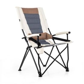 Folding Camping Chair with Cup Holder Armrest and Lumbar Pillow (Color: Brown, White)